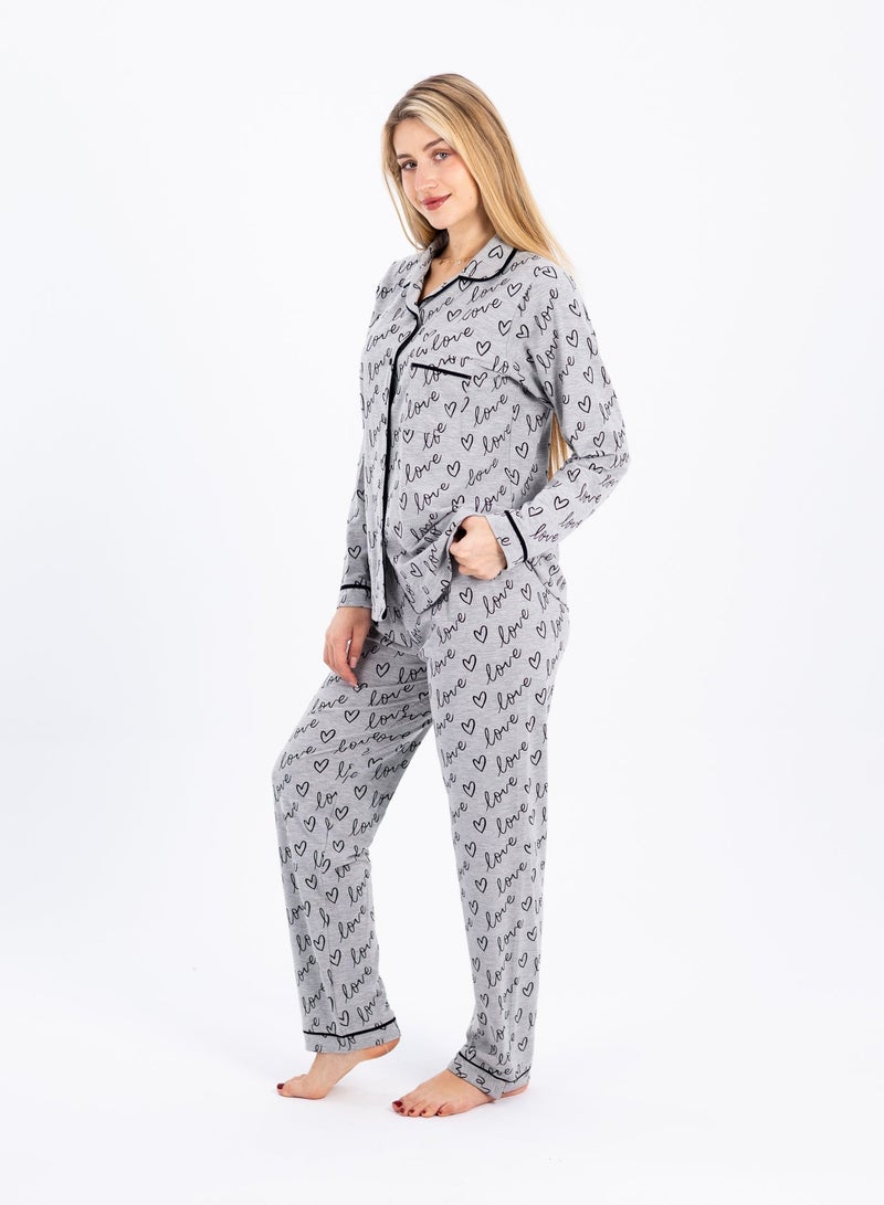 zecotex  Women's Classic 2-Piece Pajama Set - Soft Cotton Sleepwear with "Love" Print & Contrast Piping - Image 4